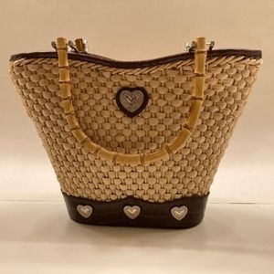 Straw tote with moc-croc trim, bamboo handles, silvery heart details